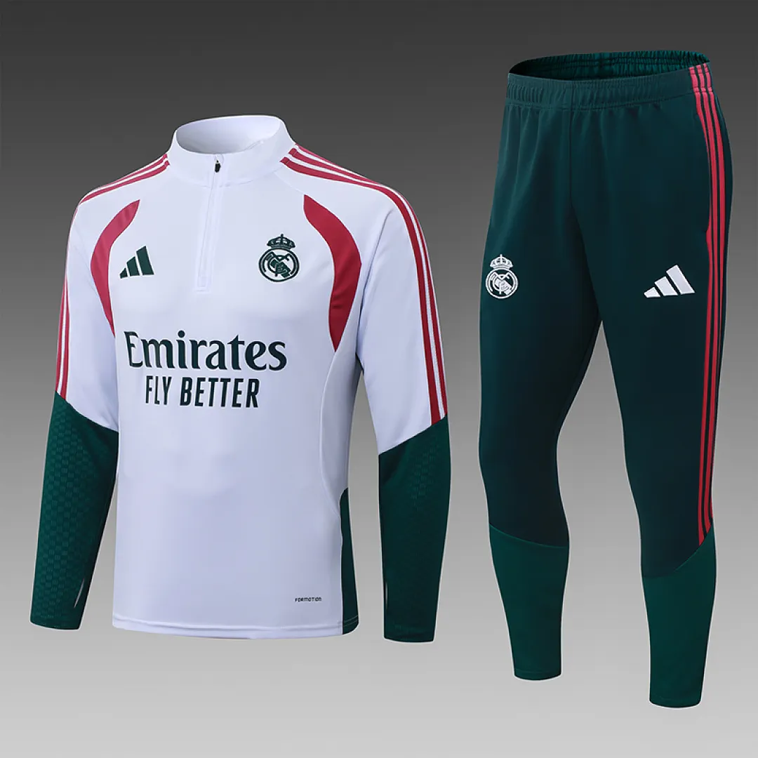 2026/2027 Real Madrid Blu Tuta mezza zip Bianco with Verde Maniche Maglia da calcio Qualità thai 1:1 Set