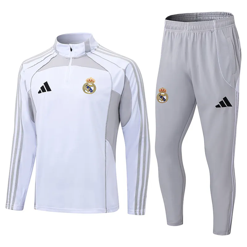 2025-2026 Real Madrid Wit Grijs Halve-rits trainingspak Voetbalshirt 1:1 Thaise kwaliteit Set