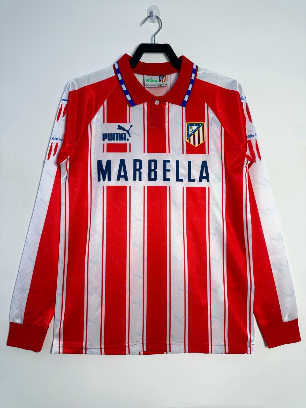 1994/1995 Retrô Manga longa Atletico Madrid Casa Camisa de futebol Qualidade tailandesa 1:1
