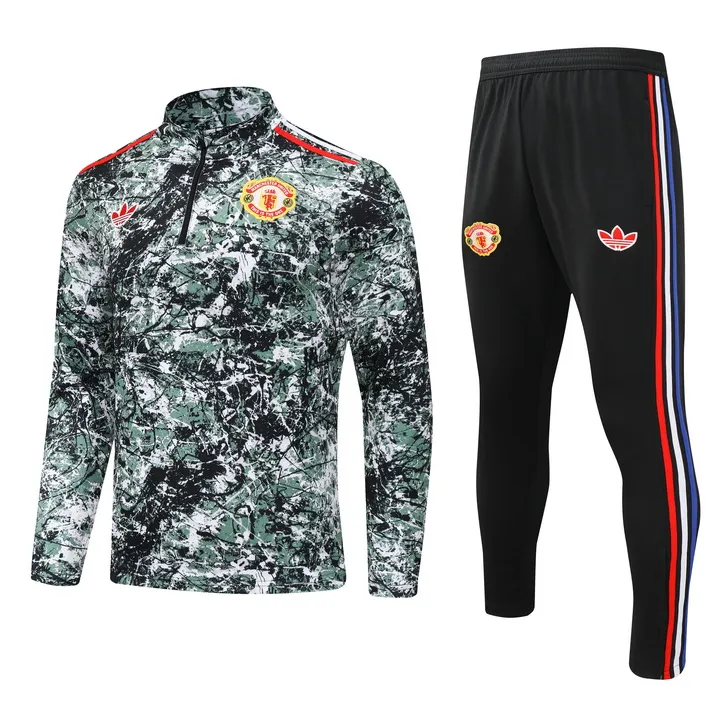 2024/2025 Manchester United Тренировочный костюм на молнии Зелёный print Футбольная футболка Тайское качество 1:1 Набор