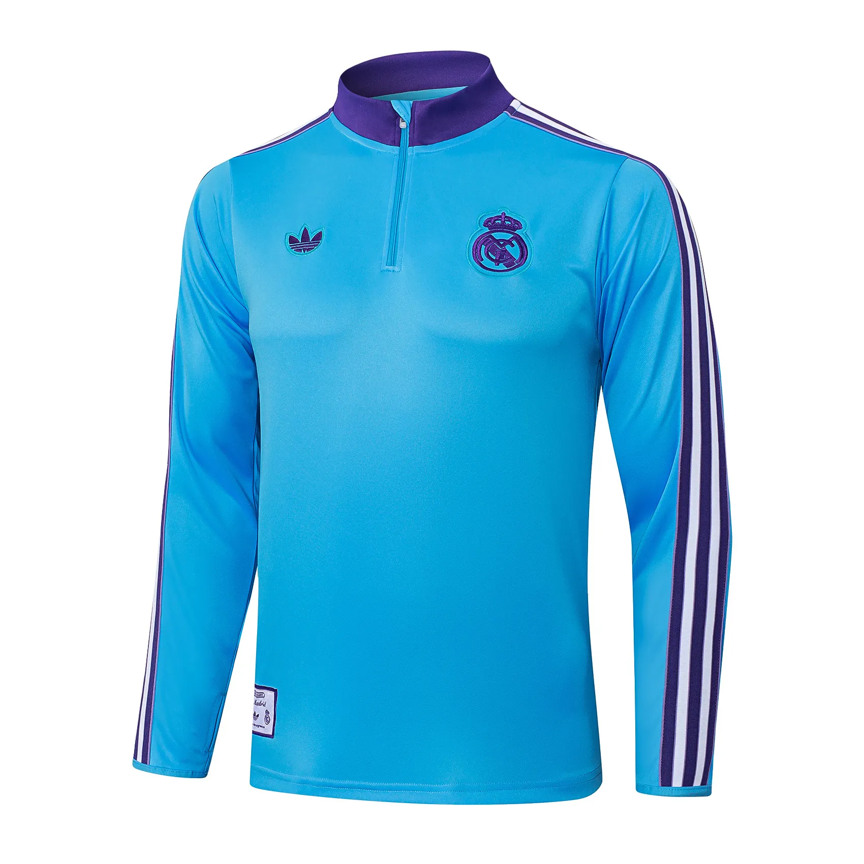 2025/2026 Real Madrid Light Blu Retro Versione Tuta mezza zip Maglia da calcio Qualità thai 1:1 Set - immagine 3
