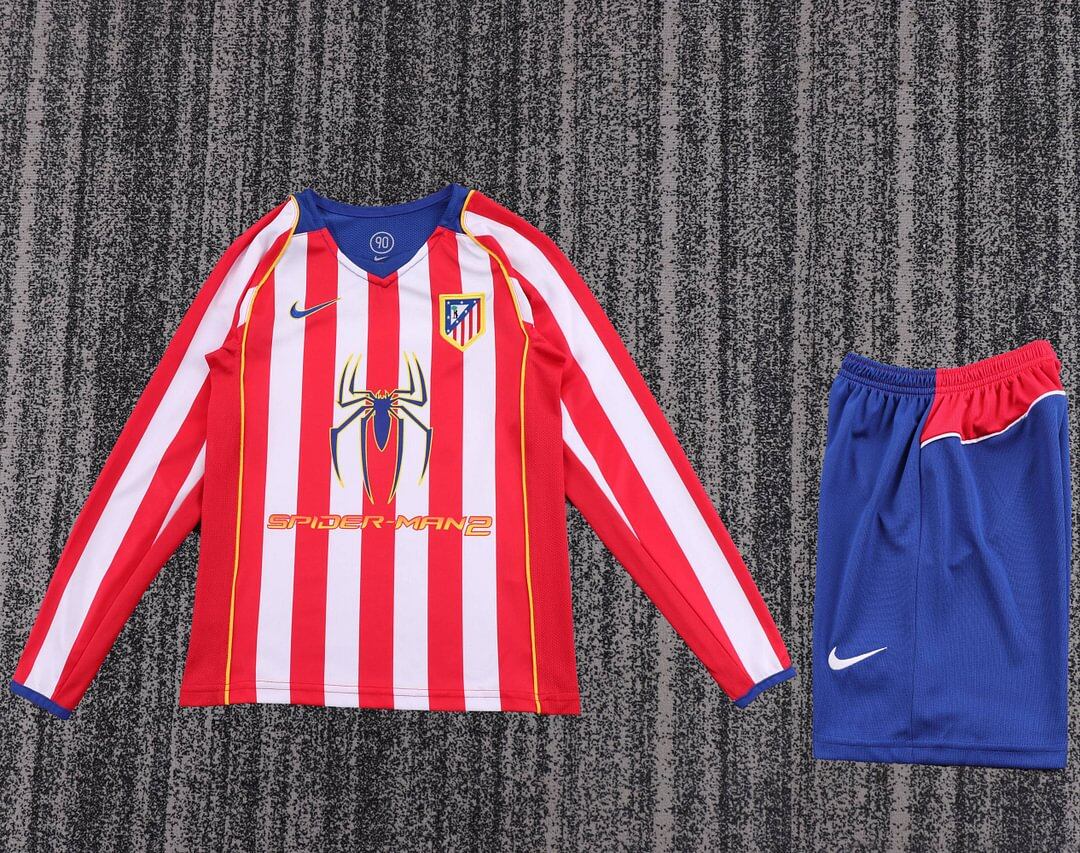 2004-2005 Retrô Manga longa Atletico Madrid Casa Camisa de futebol Qualidade tailandesa 1:1 Tamanho infantil