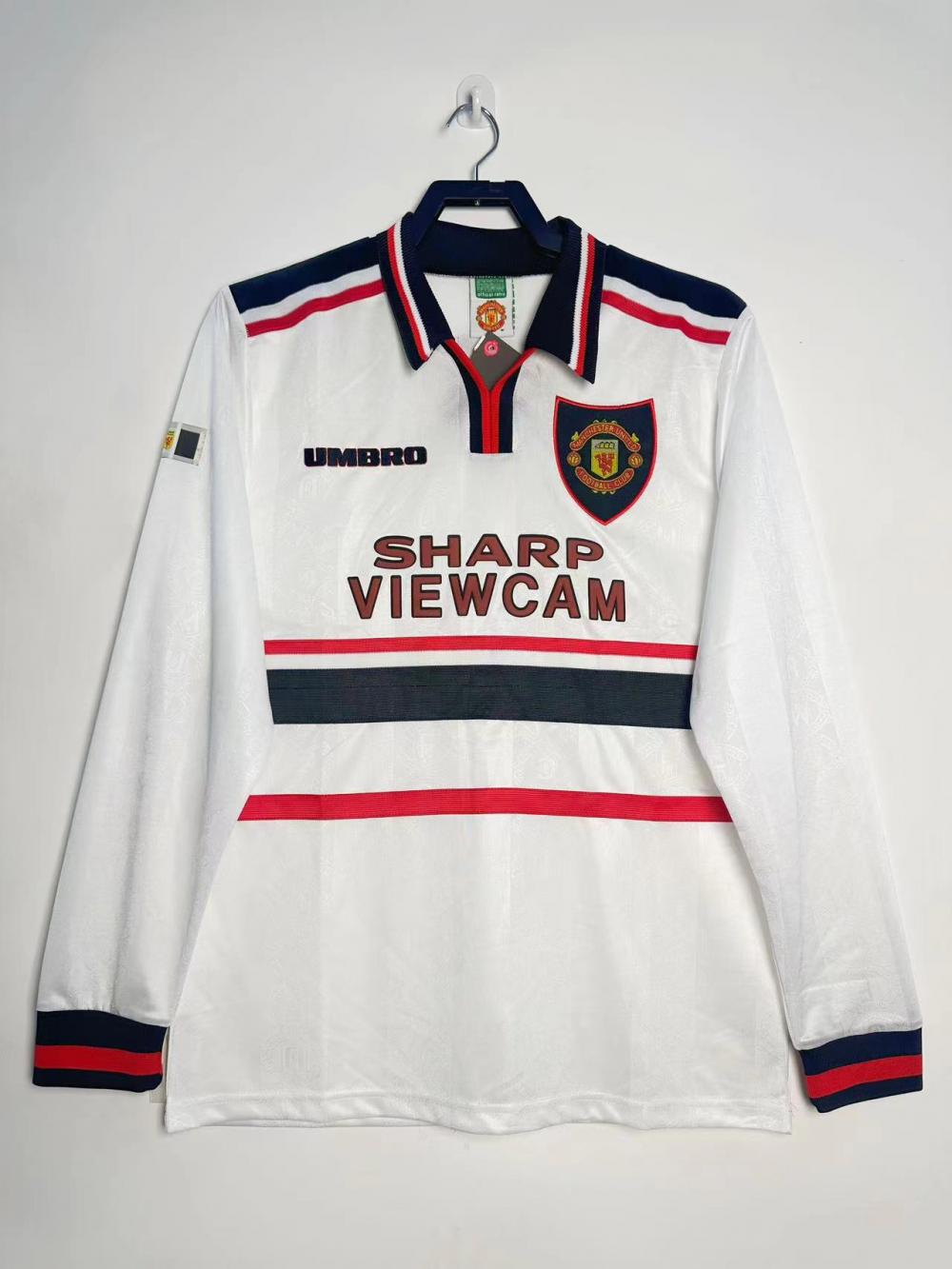 1998-1999 Retrô Manga longa Manchester United Fora Branco Camisa de futebol Qualidade tailandesa 1:1
