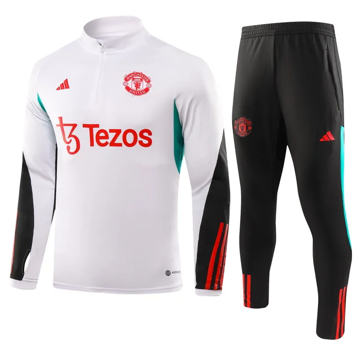 2023-2024 Manchester United Halve-rits trainingspak Wit Zwart Voetbalshirt 1:1 Thaise kwaliteit Set