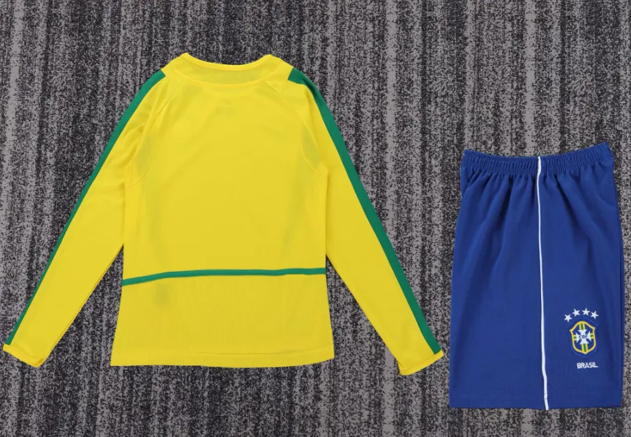 2002 Retro Langarm Brasilien Heim Fußballtrikot 1:1 Thai-Qualität Kindergröße – Bild 3