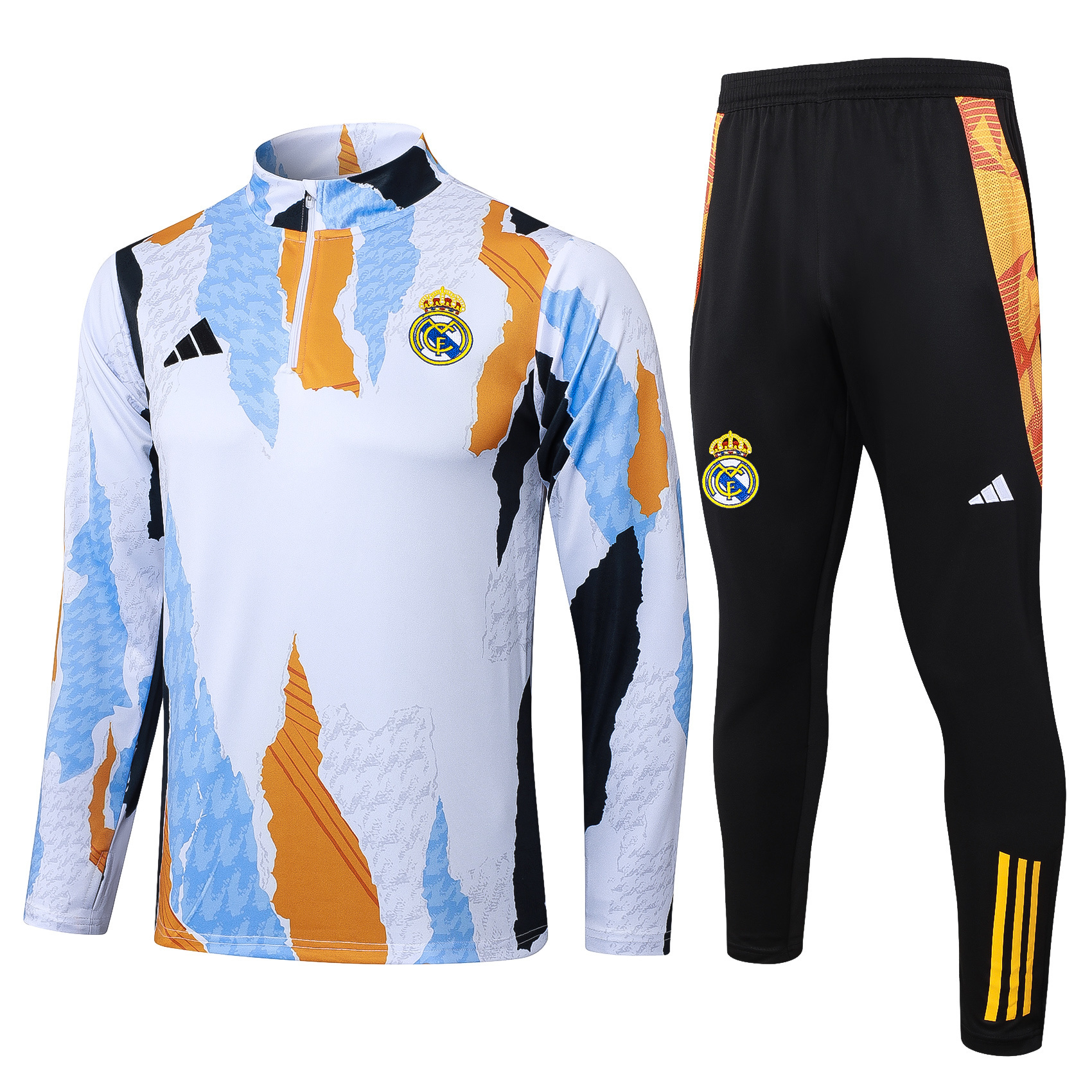 2025/2026 Real Madrid Azul, Branco e Amarelo inkjet printing Agasalho meia-ziper Camisa de futebol Qualidade tailandesa 1:1 Conjunto