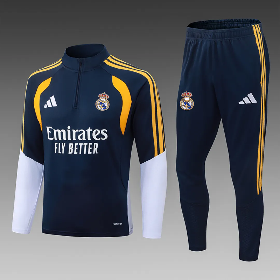 2026/2027 Real Madrid Blau Halbreißverschluss-Trainingsanzug Royal Blau Fußballtrikot 1:1 Thai-Qualität Set