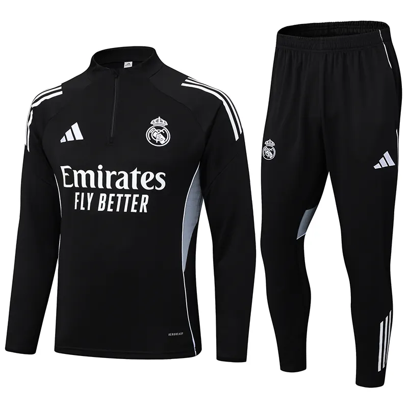 2025-2026 Real Madrid Noir Survêtement demi-zip Maillot de football Qualité thaï 1:1 Ensemble