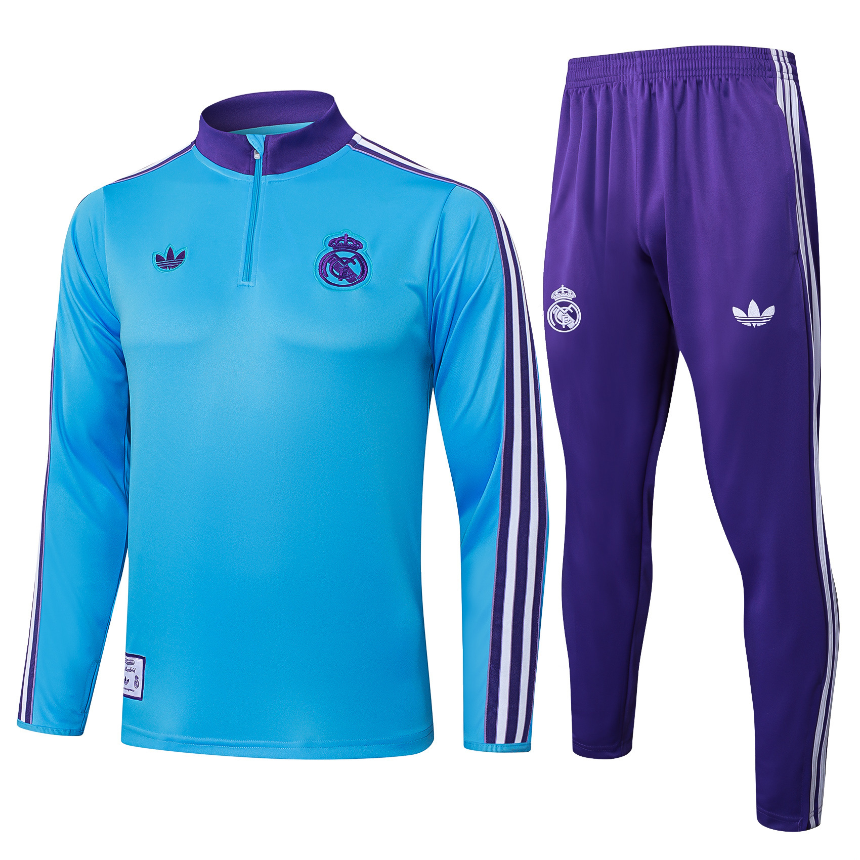 2025/2026 Real Madrid Light Blu Retro Versione Tuta mezza zip Maglia da calcio Qualità thai 1:1 Set