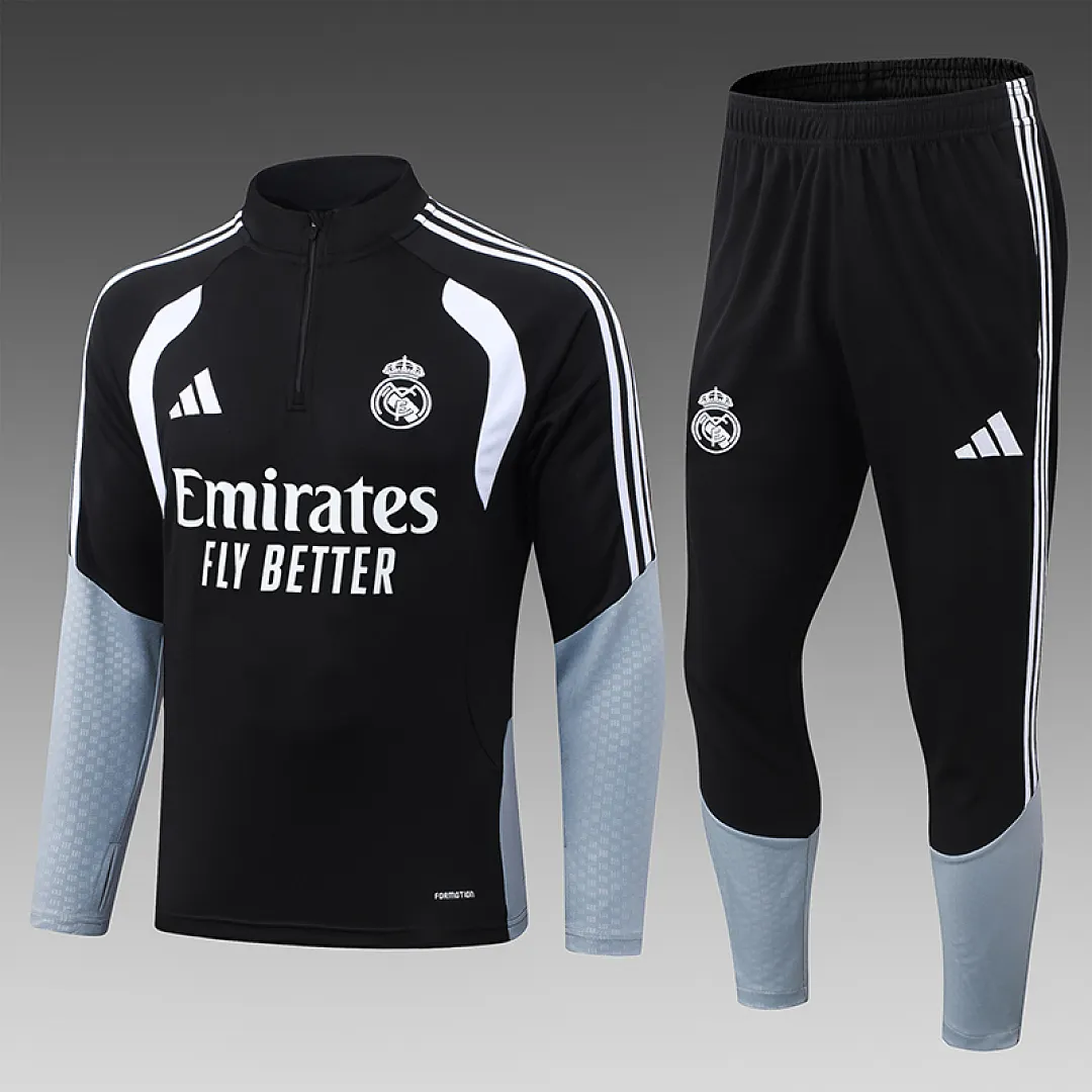 2026/2027 Real Madrid Agasalho meia-ziper Preto Camisa de futebol Qualidade tailandesa 1:1 Conjunto