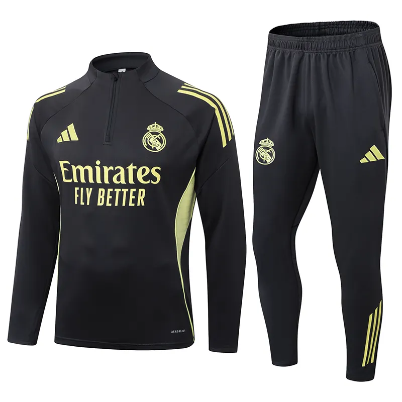 2025-2026 Real Madrid Escuro Cinza Agasalho meia-ziper Camisa de futebol Qualidade tailandesa 1:1 Conjunto