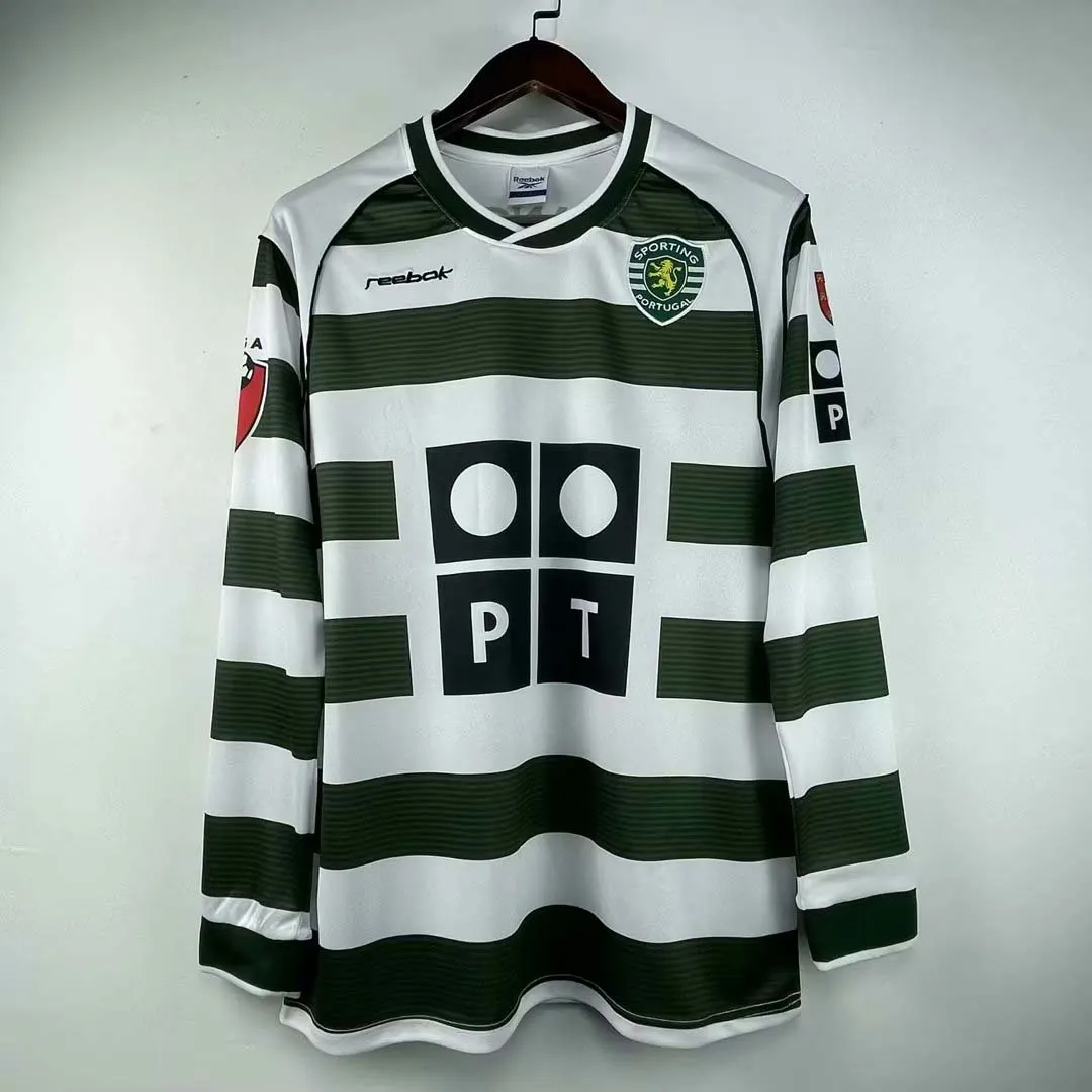 2002/2003 Retrô Manga longa Sporting Lisbon Casa Camisa de futebol Qualidade tailandesa 1:1