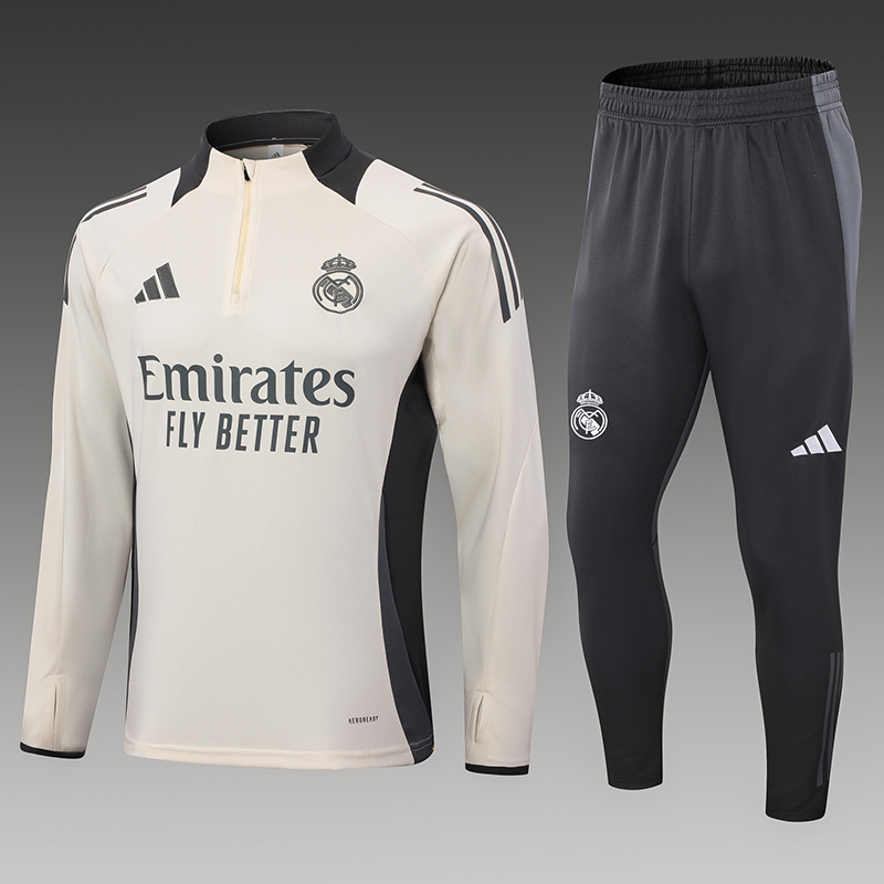 2024/2025 Real Madrid Beige Yarım fermuarlı eşofman Futbol forması 1:1 Tayland kalitesi Set