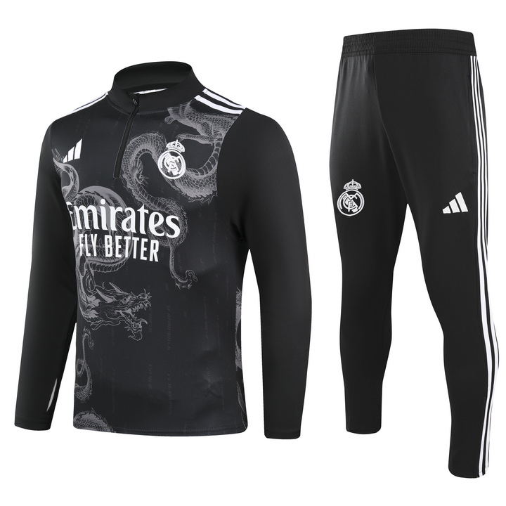 2024/2025 Real Madrid Royal Чёрный Специальное издание Тренировочный костюм на молнии Футбольная футболка Тайское качество 1:1 Набор