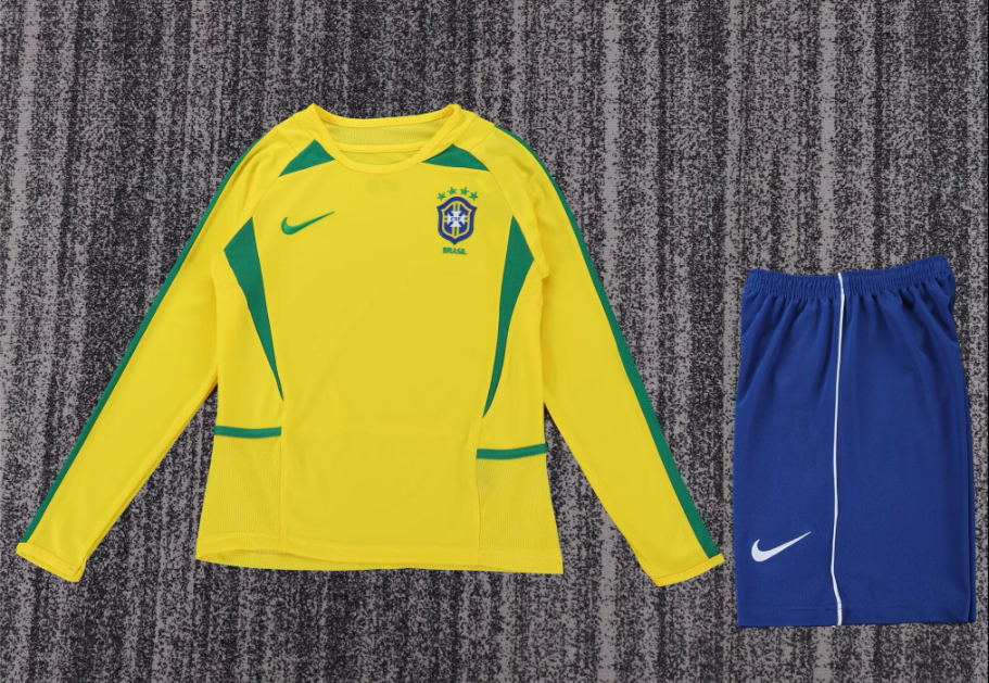 2002 Retro Langarm Brasilien Heim Fußballtrikot 1:1 Thai-Qualität Kindergröße