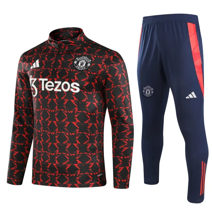 2024/2025 Manchester United Tuta mezza zip Rosso e Nero print Maglia da calcio Qualità thai 1:1 Set